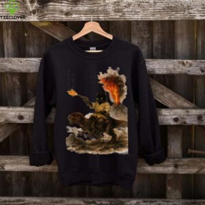 Black Cat Samurai Riding Dinosaur Volcanic Eruption Art Shirt