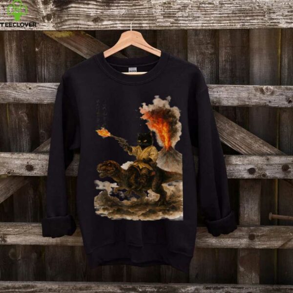 Black Cat Samurai Riding Dinosaur Volcanic Eruption Art Shirt