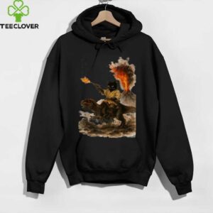 Black Cat Samurai Riding Dinosaur Volcanic Eruption Art Shirt