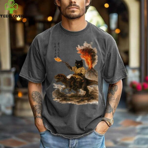 Black Cat Samurai Riding Dinosaur Volcanic Eruption Art Shirt