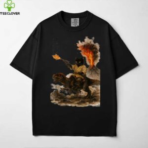 Black Cat Samurai Riding Dinosaur Volcanic Eruption Art Shirt