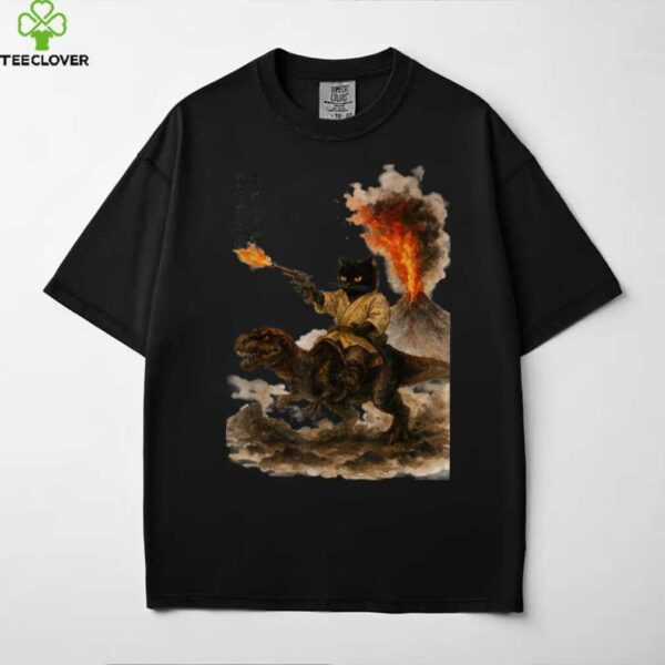 Black Cat Samurai Riding Dinosaur Volcanic Eruption Art Shirt