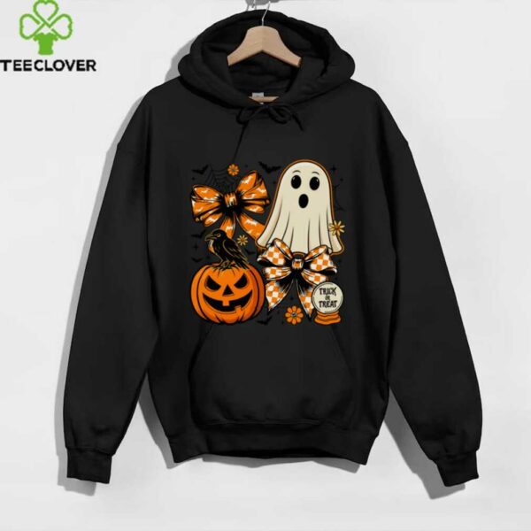 Vintage Cute Coquette Ghost Pumpkin Checkered Bow Halloween Shirt