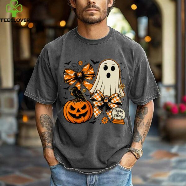 Vintage Cute Coquette Ghost Pumpkin Checkered Bow Halloween Shirt