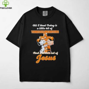Snoopy and Charlie Brown hug cross all I need today is a little bit of Tennessee Volunteers and a whole lot of Jesus shirt