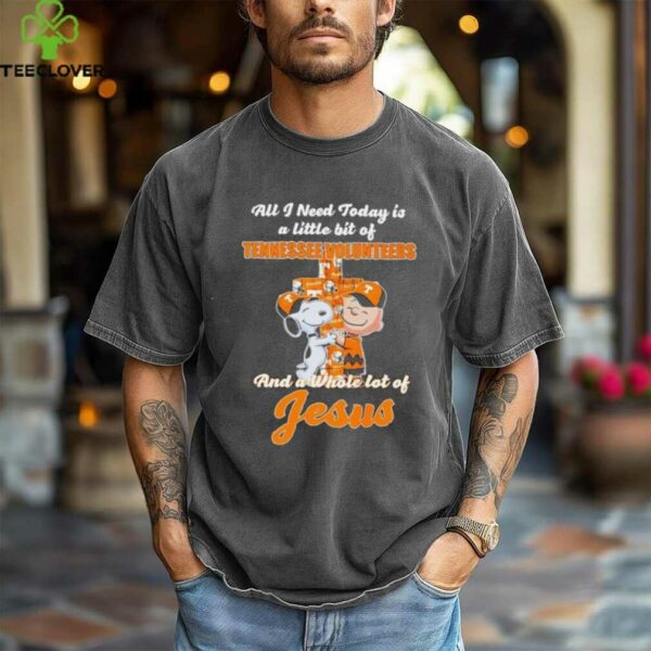 Snoopy and Charlie Brown hug cross all I need today is a little bit of Tennessee Volunteers and a whole lot of Jesus shirt