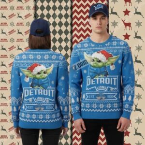 Detroit Lions Baby Yoda Claus Blue Womens Xmas Ugly Sweater