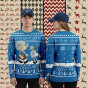 Detroit Lions Charlie Brown Snoopy Woodstock Blue Big Tall Christmas Ugly Sweater