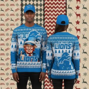 Detroit Lions Donald Trump Blue Cool Christmas Ugly Sweater