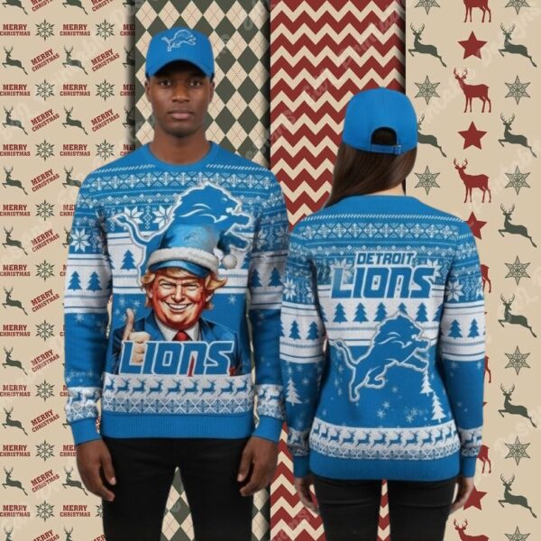 Detroit Lions Donald Trump Blue Cool Christmas Ugly Sweater