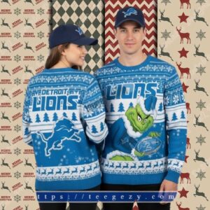 Detroit Lions Funny Grinch Stole Blue Adults Christmas Ugly Sweater