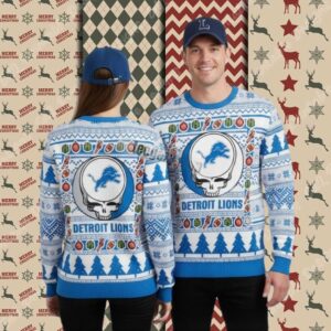 Detroit Lions Grateful Dead White Blue Womens Xmas Ugly Sweater