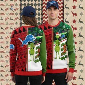 Detroit Lions Grinch And Dog Max Red Mens Christmas Ugly Sweater