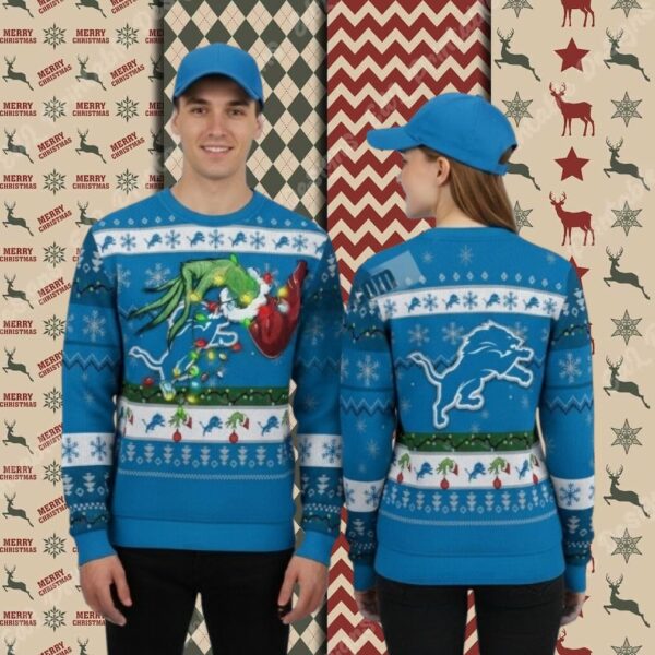 Detroit Lions Grinch Hand Light Blue Best Christmas Ugly Sweater