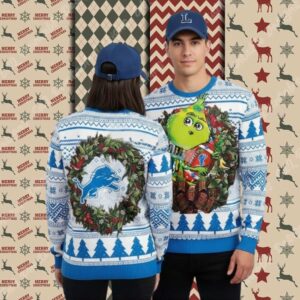 Detroit Lions Grinch Hug Ball Blue Ladies Christmas Ugly Sweater