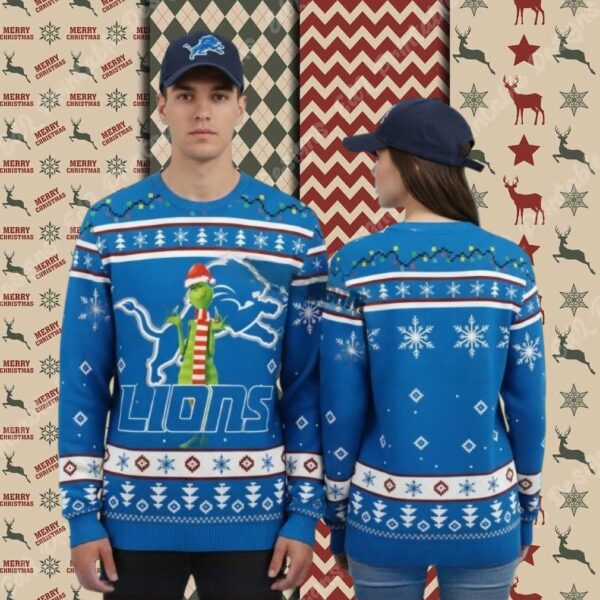 Detroit Lions Grinch Logo Blue Family Christmas Ugly Sweater