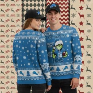 Detroit Lions Grinch Love Blue Ladies Christmas Ugly Sweater