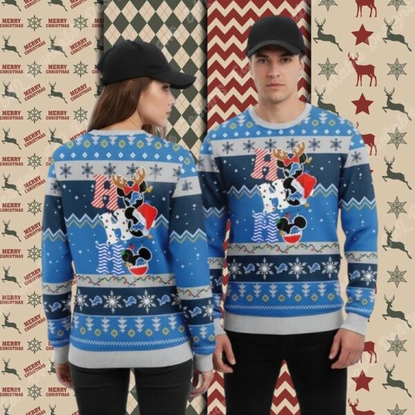 Detroit Lions Ho Ho Ho Mickey Mouse Blue Ladies Christmas Ugly Sweater