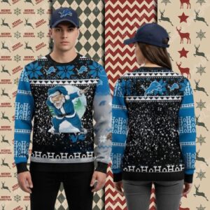 Detroit Lions Ho Ho Ho Santa Claus Blue Xmas Party Ugly Sweater