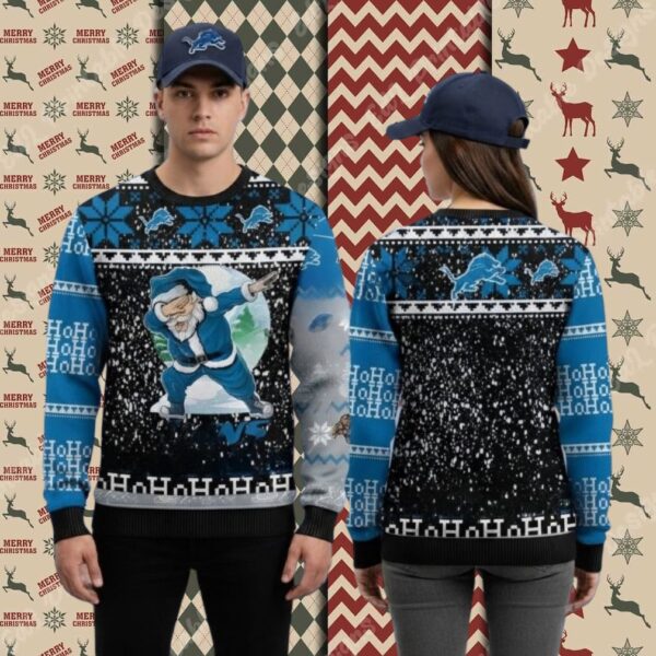 Detroit Lions Ho Ho Ho Santa Claus Blue Xmas Party Ugly Sweater