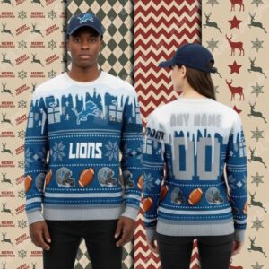 Detroit Lions Personalized Blue Couples Christmas Ugly Sweater