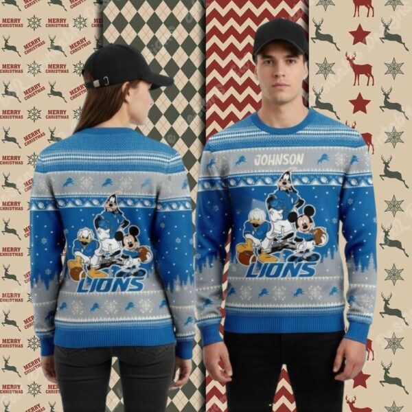 Detroit Lions Personalized Donald Mickey Blue Christmas Ugly Sweater