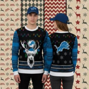 Detroit Lions Reindeer Light Blue Funny Christmas Ugly Sweater