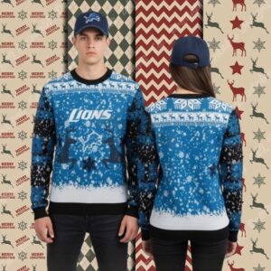 Detroit Lions Reindeer Pattern Blue Mens Christmas Ugly Sweater