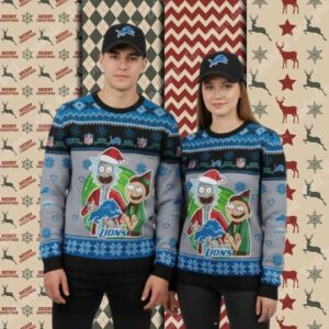 Detroit Lions Rick And Morty Blue Xmas Party Ugly Sweater