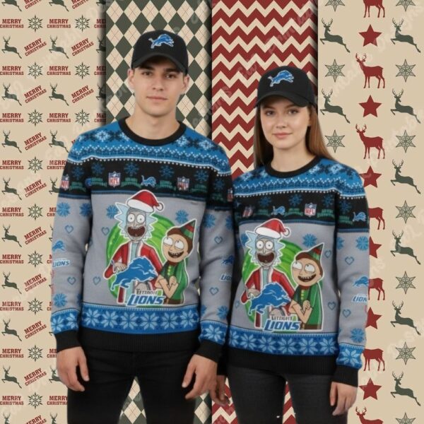 Detroit Lions Rick And Morty Blue Xmas Party Ugly Sweater