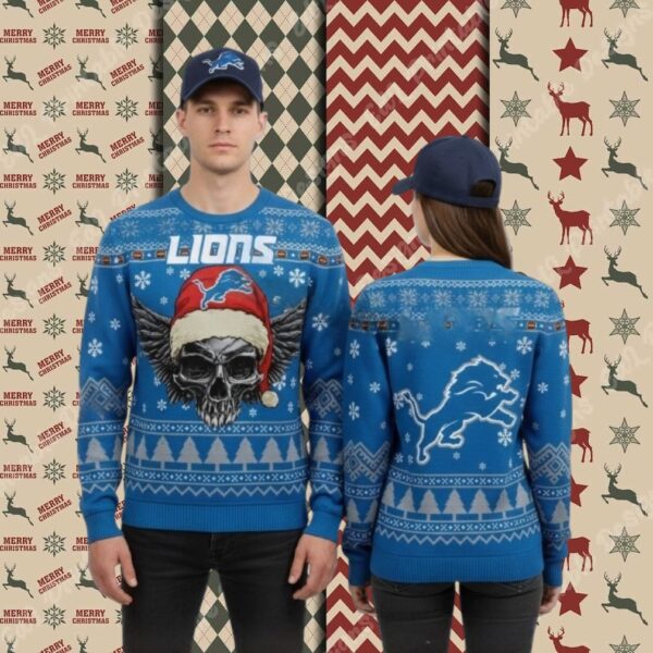 Detroit Lions Skull Blue Ladies Christmas Ugly Sweater