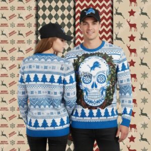 Detroit Lions Skull Flowers Blue Womens Christmas Ugly Sweater