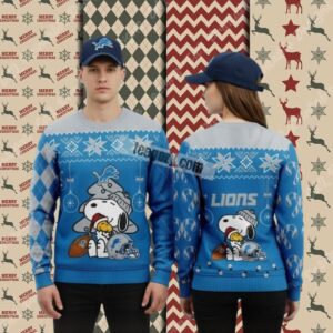 Detroit Lions Snoopy Hug Woodstock Blue Mens Christmas Ugly Sweater