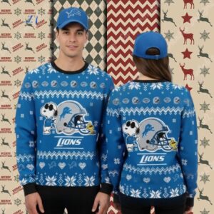 Detroit Lions Snoopy Woodstock Blue Womens Christmas Ugly Sweater