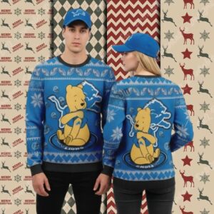 Detroit Lions Winnie The Pooh Blue Xmas Party Ugly Sweater