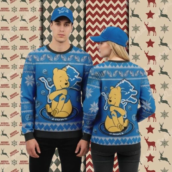 Detroit Lions Winnie The Pooh Blue Xmas Party Ugly Sweater