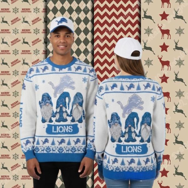 Detroit Lions Xmas Gnomes White Couples Christmas Ugly Sweater