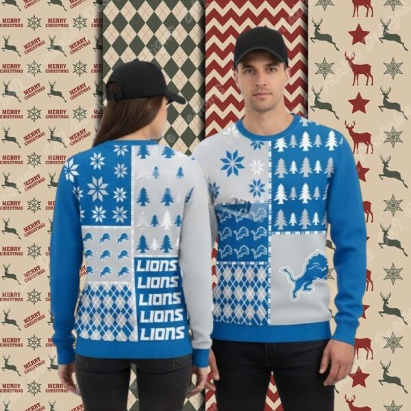 Detroit Lions Xmas Tree Blue Big Tall Christmas Ugly Sweater