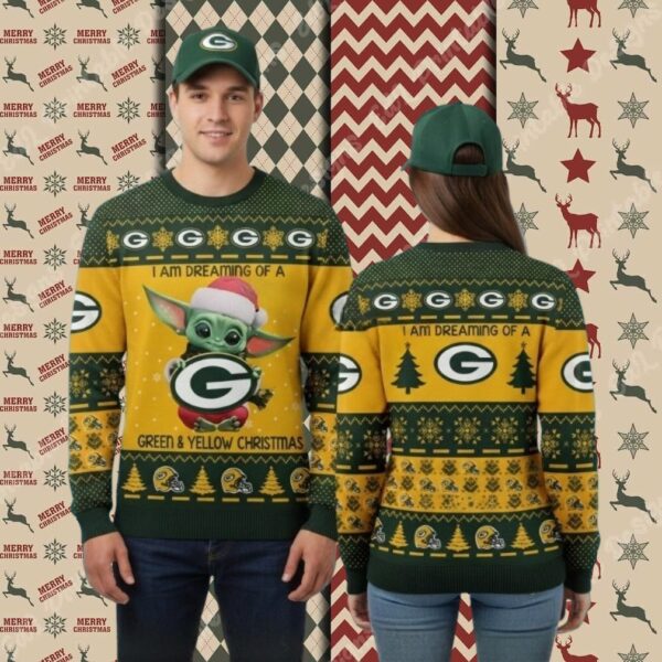 Green Bay Packers Baby Yoda Claus Yellow Mens Christmas Ugly Sweater
