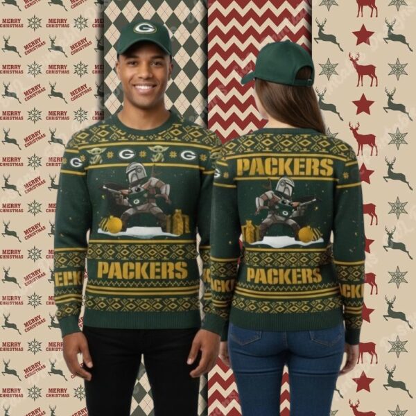 Green Bay Packers Boba Fett Baby Yoda Cool Christmas Ugly Sweater