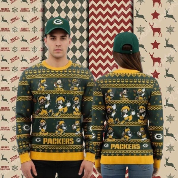 Green Bay Packers Disney Mickey Player Yellow Big Tall Christmas Ugly Sweater