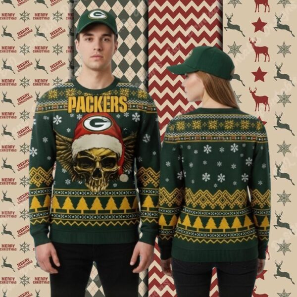 Green Bay Packers Golden Skull Womens Xmas Ugly Sweater