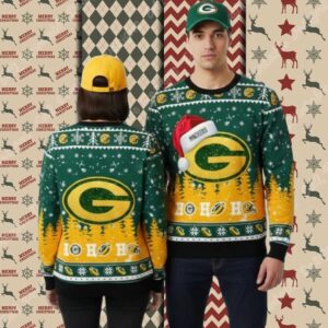 Green Bay Packers Ho Ho Ho Santa Hat Yellow Plus Size Christmas Ugly Sweater