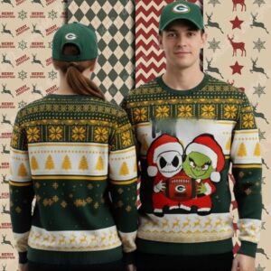 Green Bay Packers Jack Skellington Grinch Mens Christmas Ugly Sweater