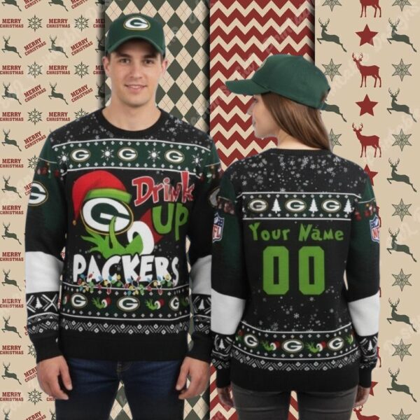 Green Bay Packers Personalized Grinch Drink Up Womens Xmas Ugly Sweater