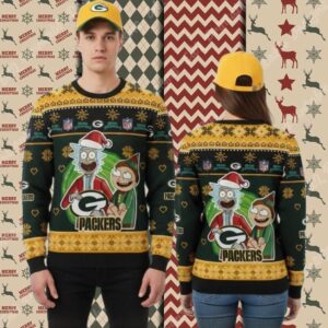 Green Bay Packers Rick And Morty Yellow Mens Christmas Ugly Sweater