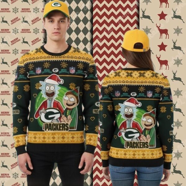 Green Bay Packers Rick And Morty Yellow Mens Christmas Ugly Sweater