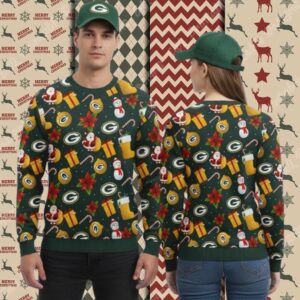 Green Bay Packers Santa Claus Snowman Funny Xmas Ugly Sweater