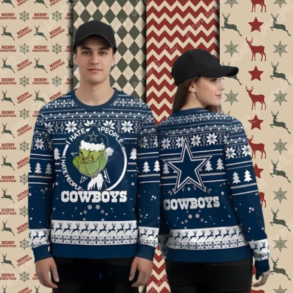 I Hate People Grinch Love Dallas Cowboys Blue Family Xmas Ugly Sweater