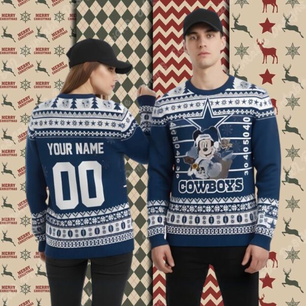 Personalized Dallas Cowboys Mickey Blue Couples Ugly Sweater